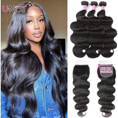 Unice Hair 5x5 HD Lace Closure with Bundles Invisible Knots Body Wave Brazilian Human Hair Bundles With Skin Melt Lace Closure