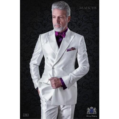 High Quality Double Breasted White Groom Tuxedos Peak Lapel Groomsmen Mens Suits Blazers (Jacket+Pants+Tie) W:751