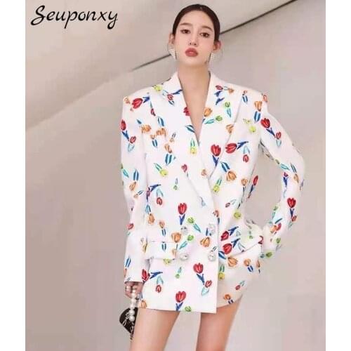 High Quality Floral Print Pocket Loose Blazer 2021 Fall Fashion WomenS Sexy Lapel Detailed Double Breasted Elegant Blazer