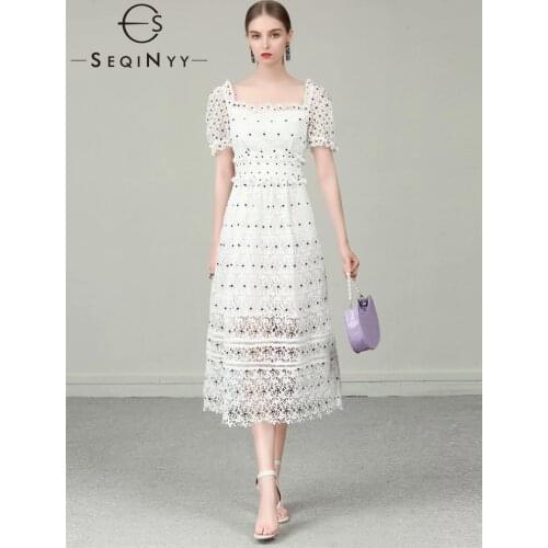 SEQINYY White Dress 2020 Summer Spring New Fashion Design Women Short Sleeve Lace Hollow out Elegant Midi Dress