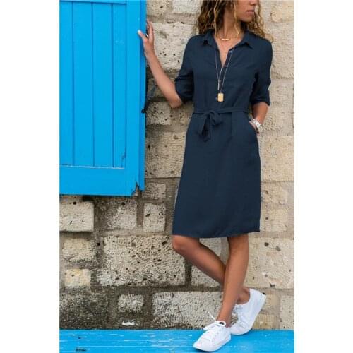 2021 Summer Women Shirt Dress Three Quarter Sleeve Fashion Turn-Down Collar Office Ladies Casual Loose Solid Color Dress