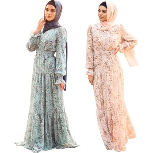 Floral Print Big Swing Caftan Marocain Muslim Dress Women Fashion V-neck Hijab Dresses Turkey Long Robe Ramadan Abaya Dubai Traf