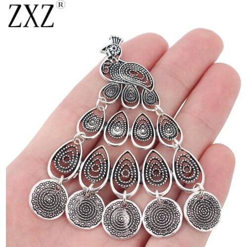 ZXZ 2pcs Tibetan Silver Large Beautiful Peacock Charms Pendants for Necklace Jewelry Making Findings 80x70mm