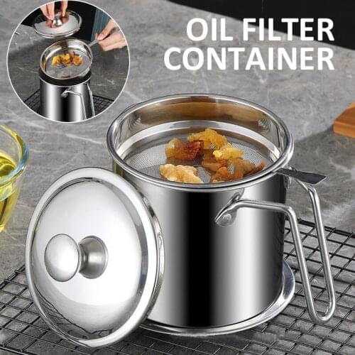 1.3L Oil Dripping Filter Container Stainless Steel Strainer Grease Can W/ Lid Tray Kitchen Cooking Oil Pot Storage Can