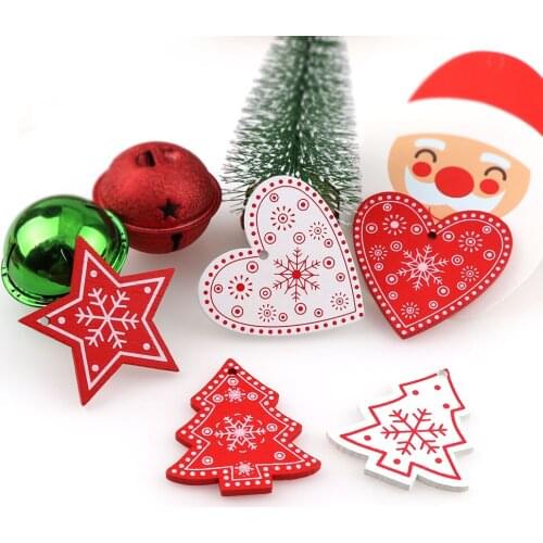 20PCS White&Red Tree/Heart/Star Wooden Pendants Ornaments For Christmas Party Xmas Tree Ornaments Kids Gifts Decorations