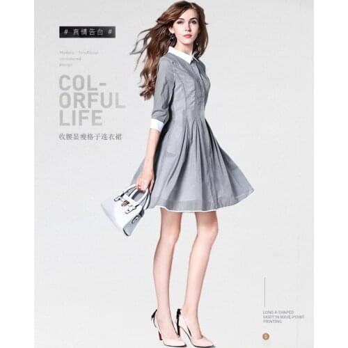 2021 Spring And Autumn New Style Fine Brand Plaid Dress Casual Fashion Temperament Womens lapel three-quarter sleeve A-line dre