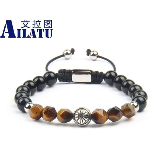 Bracelet Ailatu Onyx Stainless Steel New Star with 8mm Black Beads Rope Chain Fashion Hand-Made Present, Gift, Accessories Men