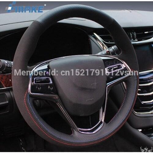 For Cadillac CTS High Quality Hand-stitched Anti-Slip Black Leather Black Suede Red Blue Thread DIY Steering Wheel Cover