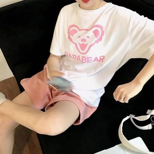Pure White Pink Printed T-shirt Fashion Shorts Womens Set Korean Style Loose Short Sleeves Summer Ladies SuitWoman Tracksuit