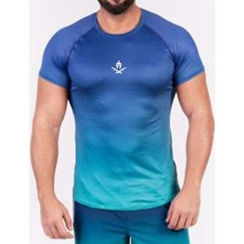 New Fashion Gradient color Men T Shirt Fast compression Breathable t-shirt Gyms Fitness Tee Tight Casual Top Man Summer Shirt