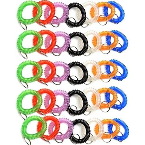 Pack of 35 Stretchable Plastic Bracelet Wrist Coil Wrist band Key Ring Chain Holder Tag (7 COLORS MIXED)