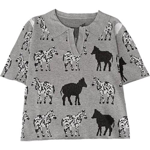 Summer cute animal pattern gray turn-down collar slim short section all-match short-sleeved knitted T-shirt
