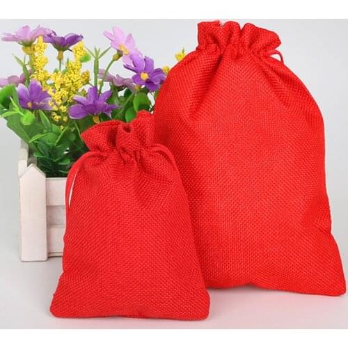 5pcs Red Color Cotton Linen Jute Drawstring Gift Bags Sacks Wedding Favor Pouches Drawstring Gift Bags Christmas Party Supplies