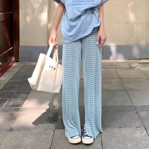Korean Fashion Split Fork Casual Pants Thin Plaid Wide Leg Pants Hip-hop All-match Streetwear Women Retro Teens Trousers