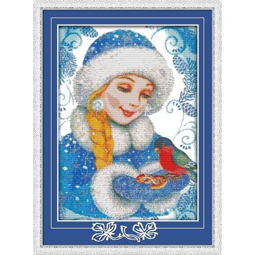 The blue-coated girl cross stitch kit people in winter aida 14st 11ct count canvas stitches embroidery DIY handmade needlework