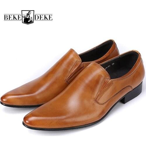 New Classic Genuine Leather Mens Dress Shoes Business Formal Wedding Office Man Brown Black Footwear Pointed Toe Slip On Loafers