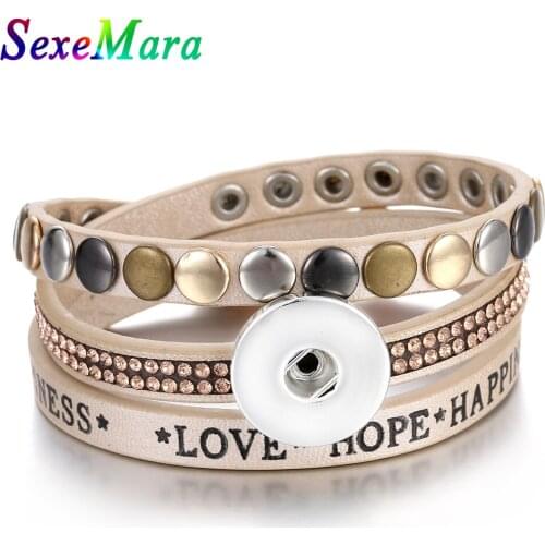 New Snap Button Jewelry Leather 18mm Snap Buttons Bracelet Punk Rivet Bracelet Love Hope Happiness Bracelet For Gift