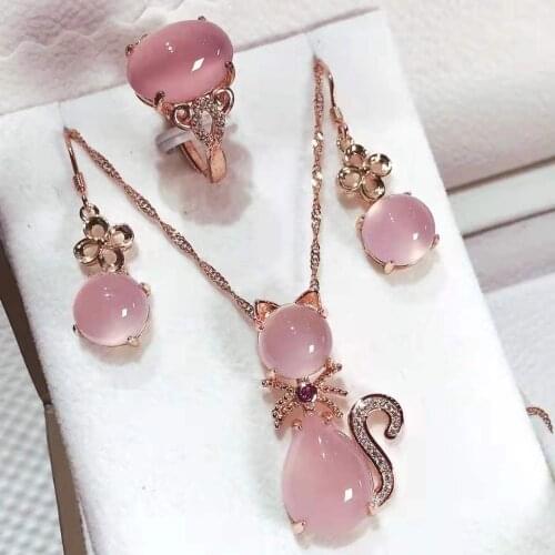 Natural ice pink cat jade pendant ring earring with 925 sterling silver set jade pendant necklace jade ring jade set rose gold