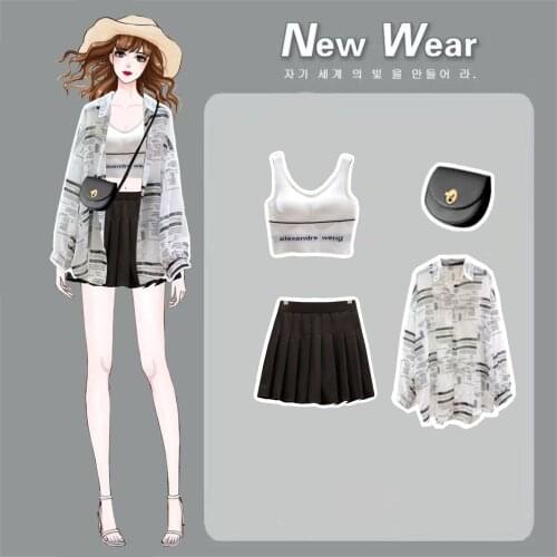 Plus Size Womens 2021 New Printed Sunscreen Vest + High Waist Slim Skirt Three-piece Suit