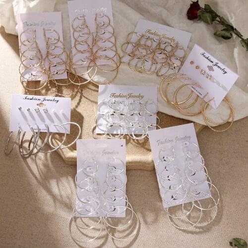 CERDIU Oversize Big Circle Hoop Earring Set For Women Simple Punk Style Brincos Round Earrings Party Jewelry Gift 6 pair /lot