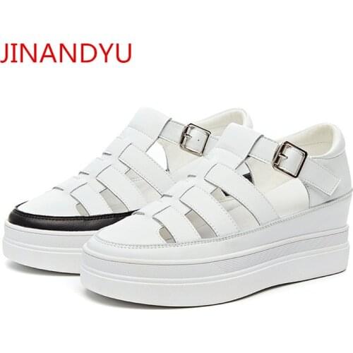 Genuine Leather Sandals Women High Heels Wedges Shoes for Women Summer Fashion Platform Shoes Hollow Out White Wedge Sandals