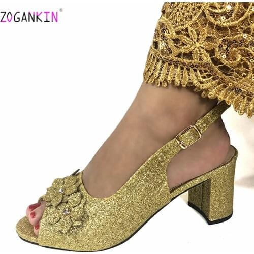 Comfortable Heels Golden Color Nigerian Women Sandals High Quality Sweet Style for Royal Wedding Party Slingbacks Sandals