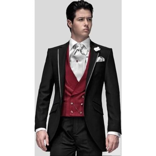 Custom Made Groom Tuxedo, Bespoke Black suits with Silver Grey Lapel Trims, dark red vest, Tailor Made Wedding Suits for men