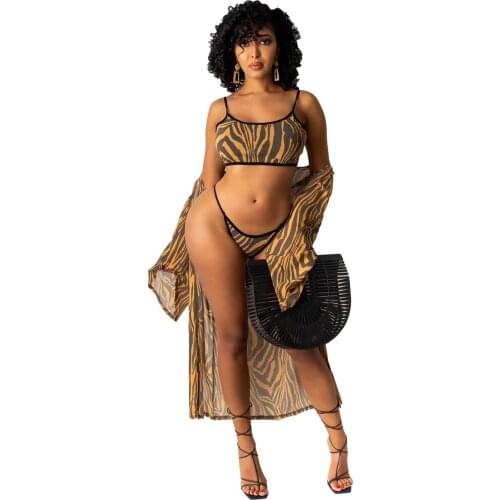 Honeymoon Styles Fast Delivery High Quality Digital Print Occident Fashion Casual Womens Stripe Print Sexy Swimsuit 3 Piece Set