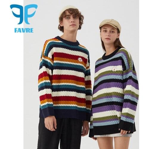 FAVRE Rainbow Stripes Loose Sweater Autumn Winter Men Sweaters Women Pullovers Embroidered Knitted Long Sleeve Harajuku Jumpers