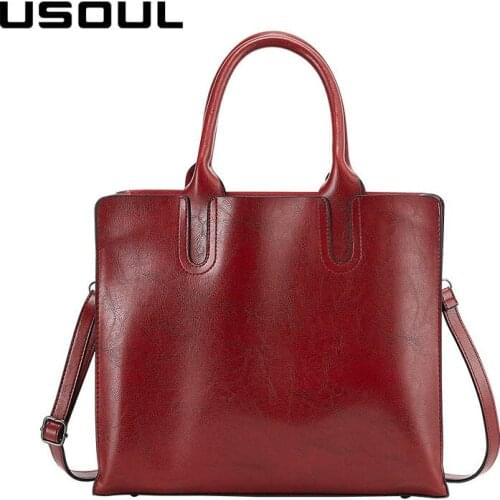 USOUL tote bag women vintage brown red soft leather handbags female luxury famous brand large capacity shoulder messenger bags