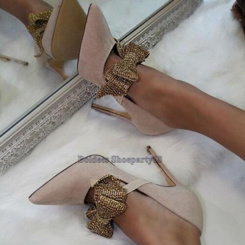 Suede Leather Women Big Bowtie Crystal Bling Thin High Heel Pointed Toe Dress Shoes Party Thin High Heels Lady Stiletto Shoes