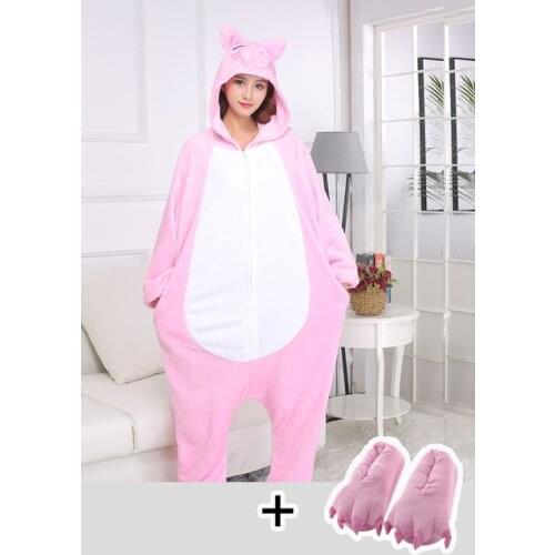 Women Onesie Zipper Pajama Pink Pig Kigurumis Girl Sleepwear Adult Winter Overalls With Slippers Cute Kawaii Jumpsuit Party Suit