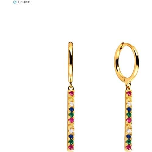 Kikichicc 925 Sterling Silver 8.5mm Drop Earring Line 25mm Chain Loops Circle Round Women Rainbow CZ Zircon Jewelry