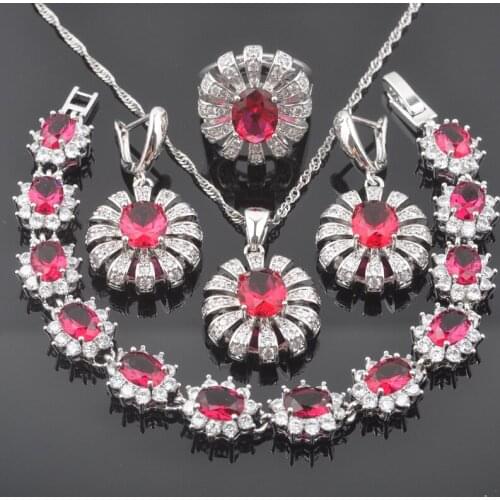 Rose Red Zirconia Silver Color Women Jewelry Sets Bracelet Necklace Pendant Earrings Ring Russian style QS0470
