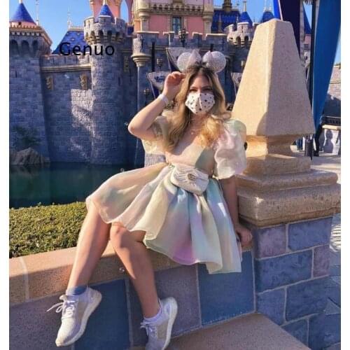 2021 Summer Tie dye Colored Organza Ball Gown Dress Puff Sleeve Retro Women Swing Short Dresses Fairy Vestidos