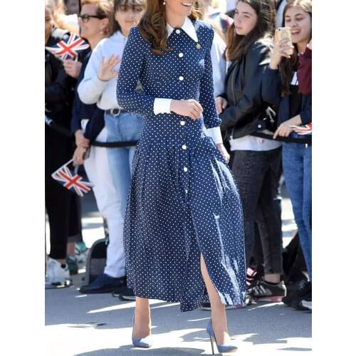 Kate Middleton Fashion Spring Autumn New Women High Quality Retro Elegant Long Sleeves Polka Dot Party Casual Office Shirt Dress