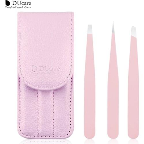 DUcare 3PCS Black/Pink Color Eyebrow Tweezer Hair Beauty Slanted Puller Stainless Steel Eye Brow Clips Hair Removal Makeup Tool