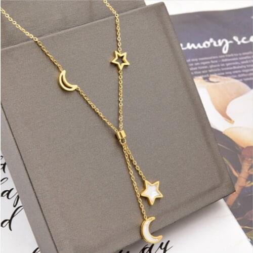 316L Stainless Steel White Shell Stars Moon Tassel Pendant Charms Chain Choker Necklace For Women Fashion Fine Jewelry SAN709