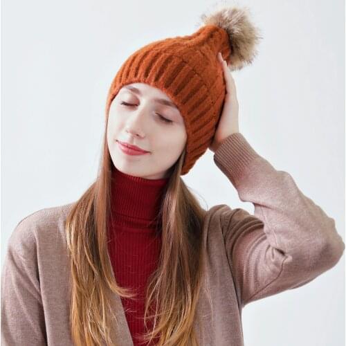 Depony Thick Female Baby Hat Winter Fur Ball Parent-Child Knitted Hat Fur Pom Poms Beanies Cap