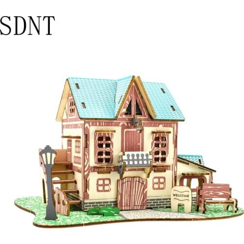 Wooden Puzzle Holiday Villa Series Model Small Hotel 3D Wood Toys Kids Puzzle Game DIY Graffiti Manual Assembly Educational Toys