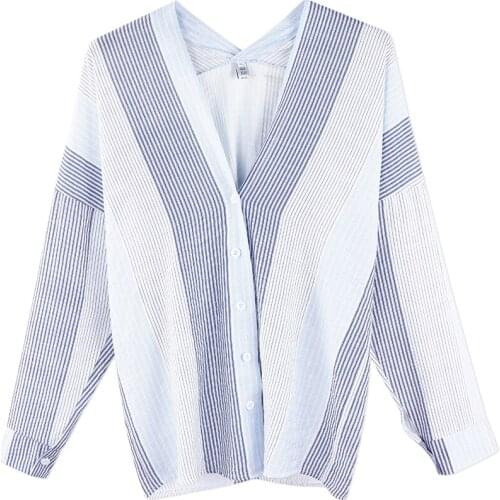 Neatie kiddie Long Sleeve V-neck Stripe Women Blouse Tops Streetwear Korean Style Casual Loose Shirt Femme