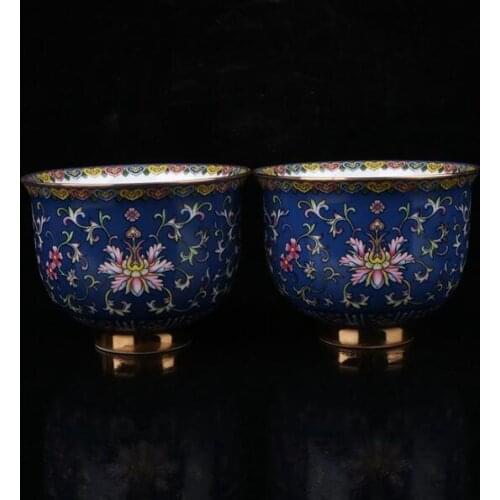 Chinese Qianlong Old Antique Porcelain Colour Enamel Blue Famille Flower Tea Cup A Pair