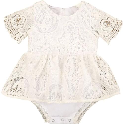 Infant Newborn Baby Girls Short Sleeve Lace Jumpsuits, Summer Floral Lace Pattern Solid Color Crew Neck Tutu Bodysuit
