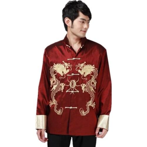 Shanghai Story hot sale Long Sleeve Jacket Chinese Traditional clothing Dragon Jacket Mens mandarin collar kungfu Top 3 color
