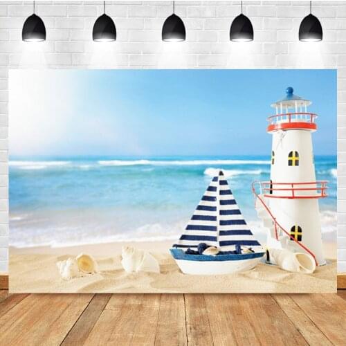 Laeacco Baby Birthday Seaside Beach Lighthouse Sailboat Photographic Backdrop Photo Photography Background For Photo Studio