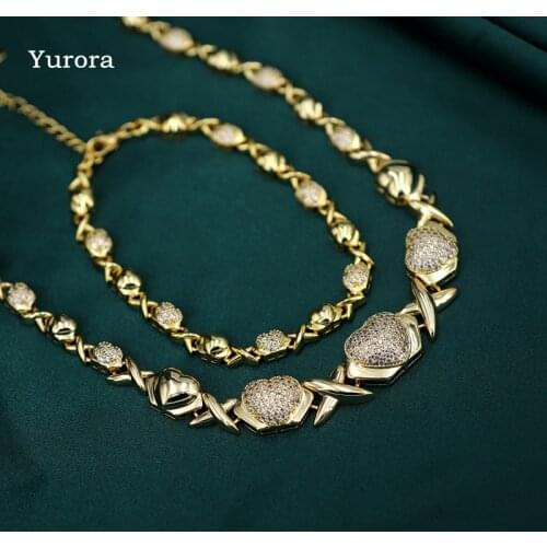 Fashion Gold Plated Jewelry Sets Love Heart choker Necklace Cubic Zirconia Bracelets Gold Chain Bangles Dubai Bridal Set 2021 CZ