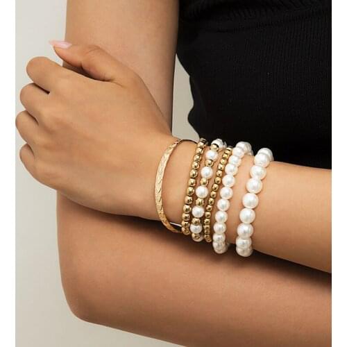Women Punk Bracelets Set Trendy Alloy Pearl Bead Bangle Bracelets Boho Round Hand Made Vintage Bracelets Wedding Party Gift 2021