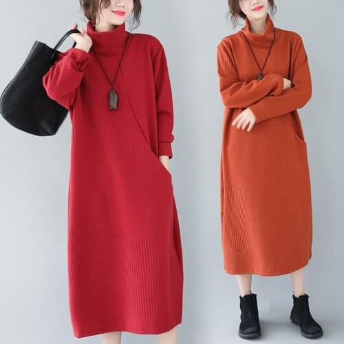 2020 New Autumn Winter Dress Large Size Womens Long Sleeve High-necked Knitted Sweater Dress M66