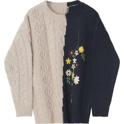 2020 Autmn Winter Sweater Embroidery Panelled Long Sleeve Crew Neck S M L
