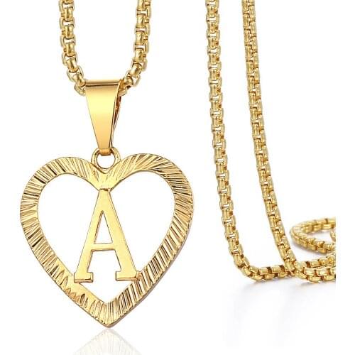Letter Pendant Necklace for Women Heart Love Shaped Yellow Gold Color Jewelry Gifts Stainless Steel Round Box Link Chain LGP372